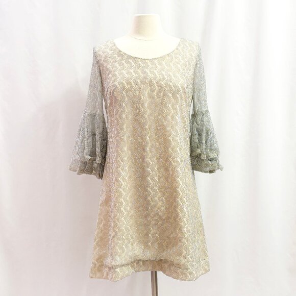 Vintage metallic silver bell sleeve dress with nude lining - fits like a Medium - Picture 1 of 5